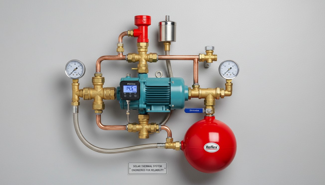 Solar thermal pump station with circulation pump, gauges, safety valve, expansion vessel, and copper piping for reliable flat plate collector system operation